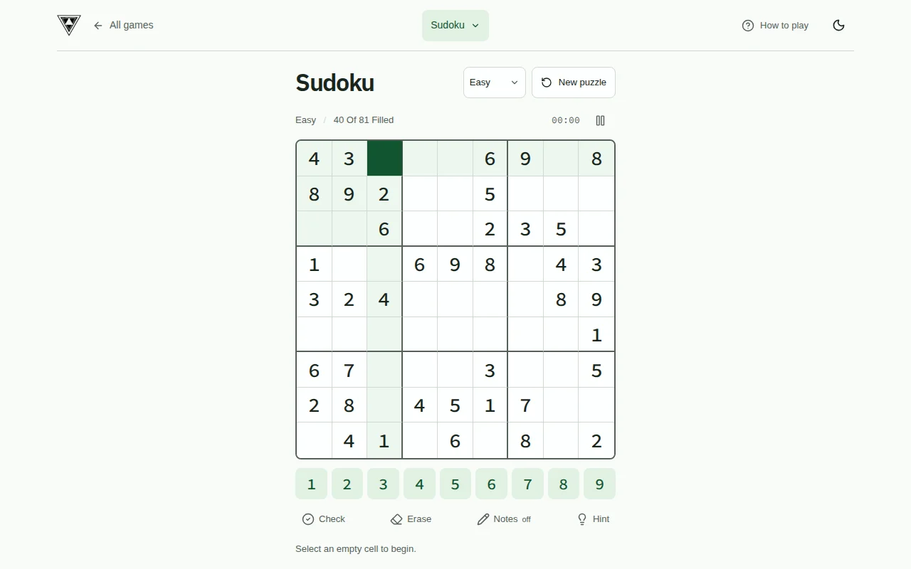Sudoku play screen with a centered board, number controls, notes, hints, and local progress