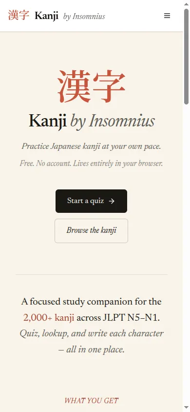 Kanji by Insomnius — mobile landing page