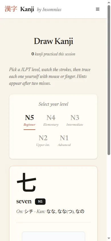 Kanji by Insomnius — mobile stroke-order practice with editorial JLPT level selector