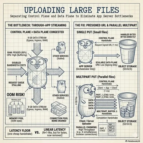 Uploading large files — through-app streaming pegs the app server's RAM and doubles bandwidth costs, while the presigned URL and parallel multipart pattern moves bytes directly client → bucket and keeps the app server on orchestration only