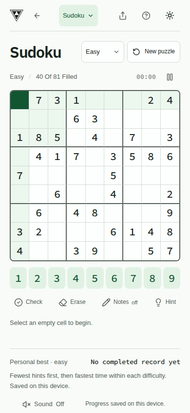 Actual 390-pixel phone viewport showing the Sudoku board and touch controls