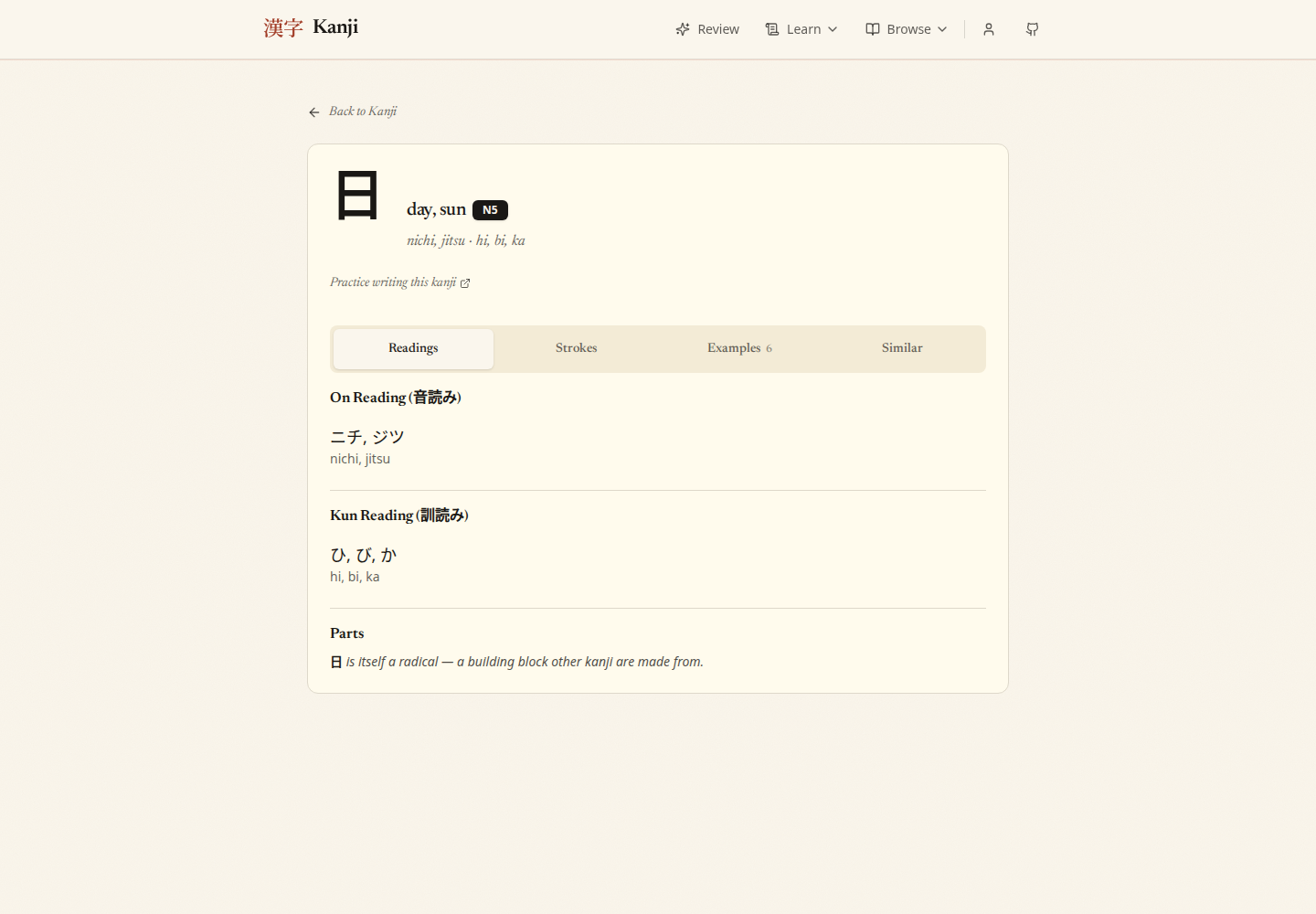 Actual Kanji reference page for 日, showing meanings and readings